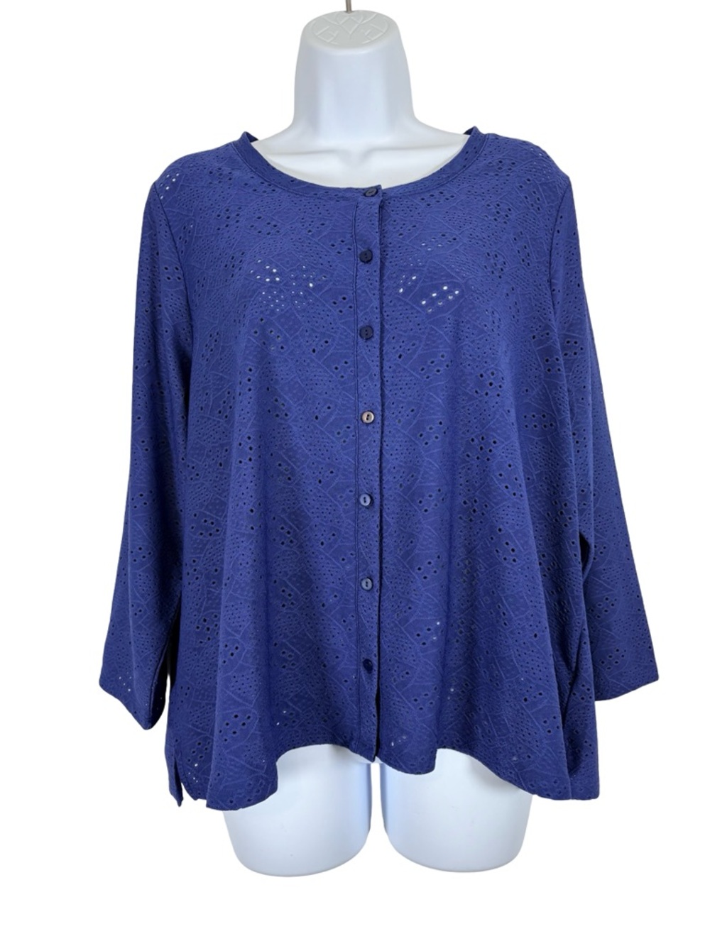 LOGO Lori Goldstein Blue Eyelet Button Front Top XL Boho Swing Blouse